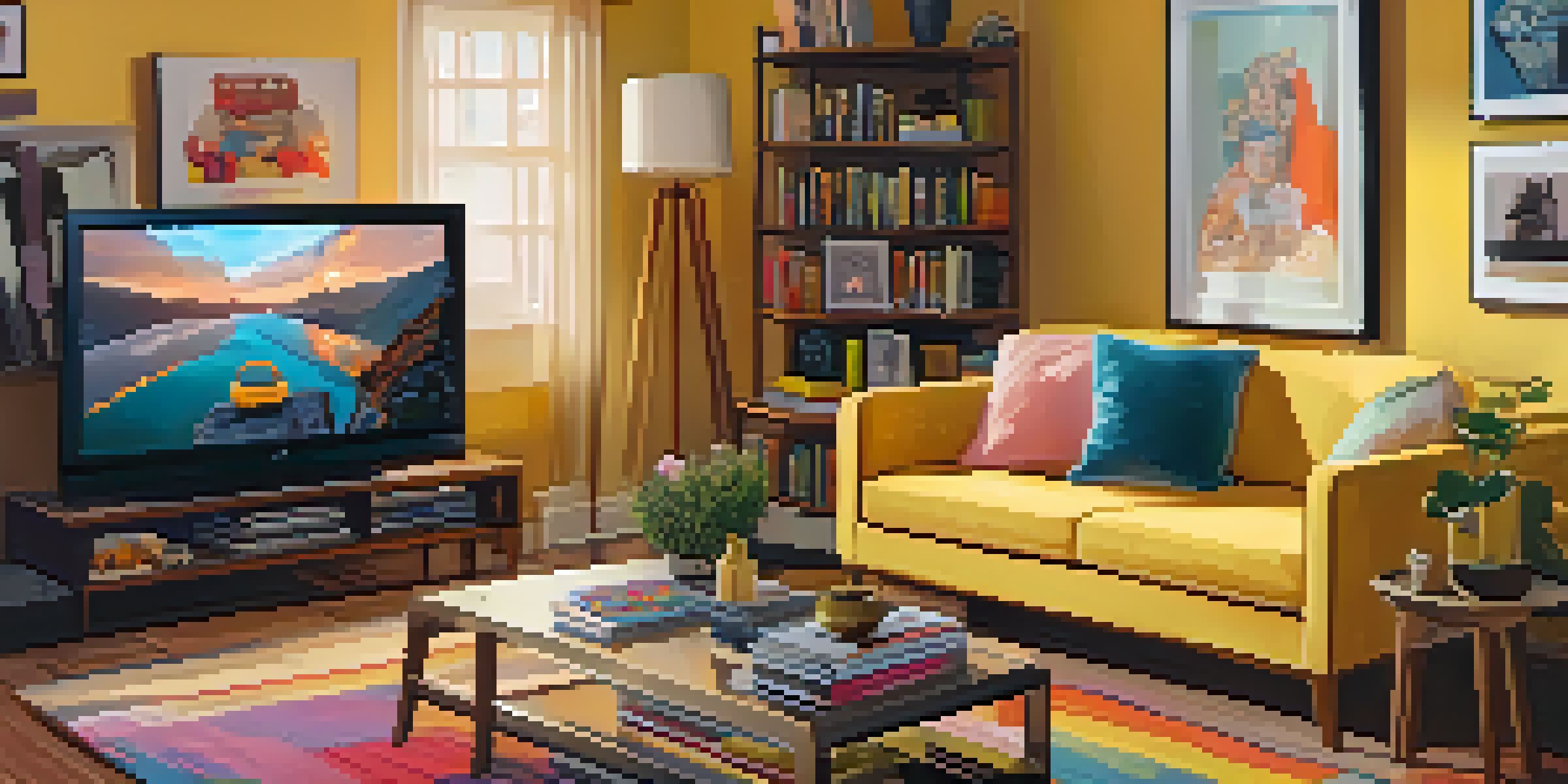 A cozy living room with a modern sofa and a coffee table full of film critique magazines, featuring a TV showing a streaming platform.