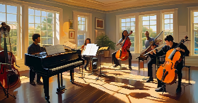 A diverse group of musicians engaged in a film scoring session in a sunlit studio, with a composer at the center surrounded by instruments and sheet music.