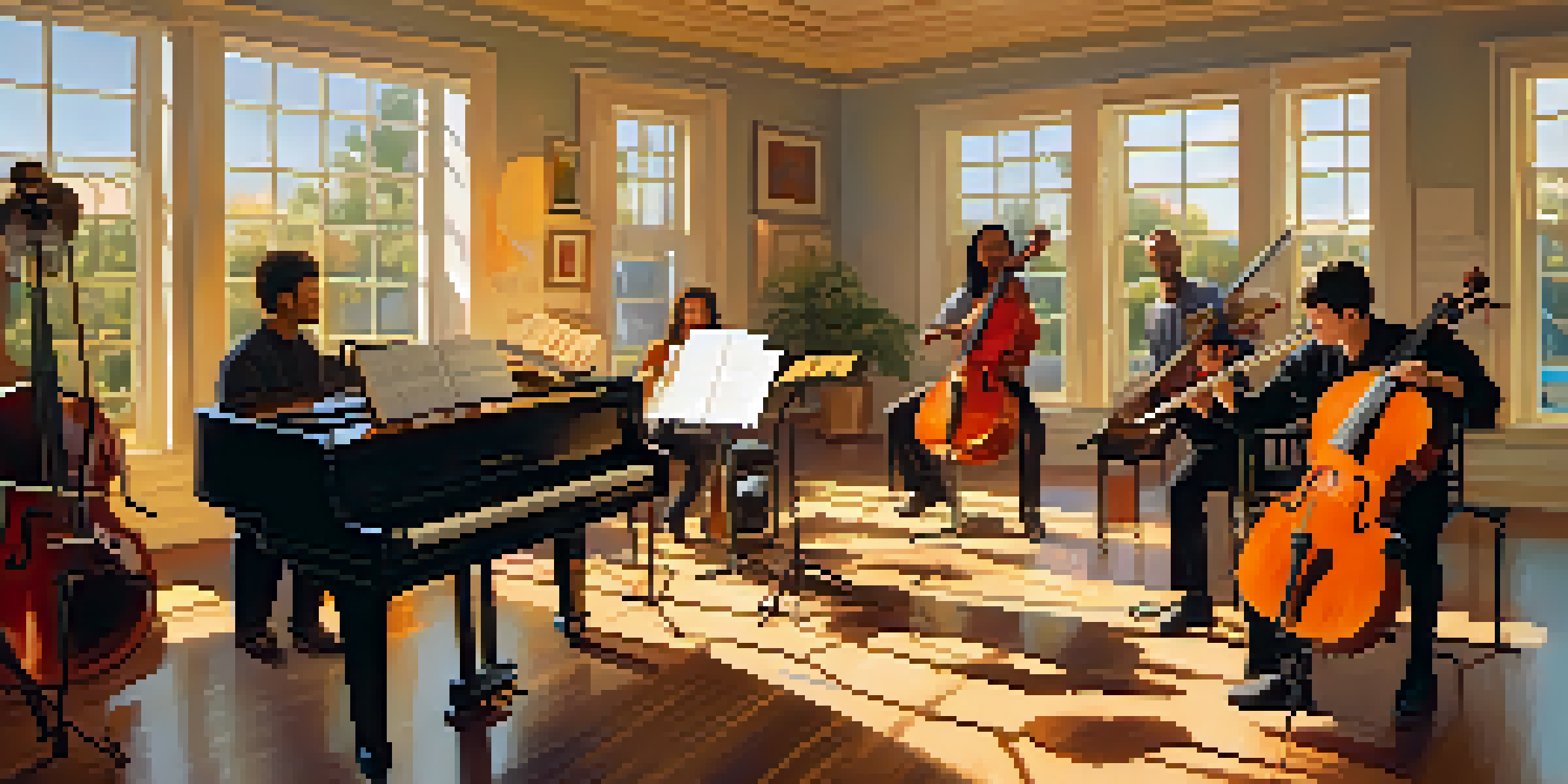 A diverse group of musicians engaged in a film scoring session in a sunlit studio, with a composer at the center surrounded by instruments and sheet music.