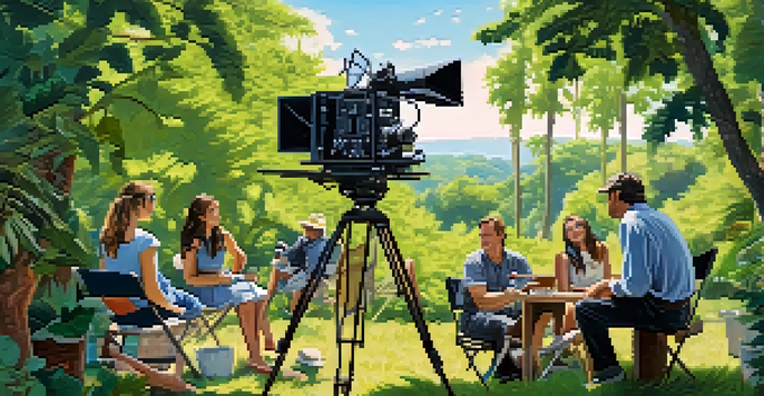 An outdoor film set with a director's chair and camera, surrounded by greenery and a bright sky, showcasing the filmmaking process.