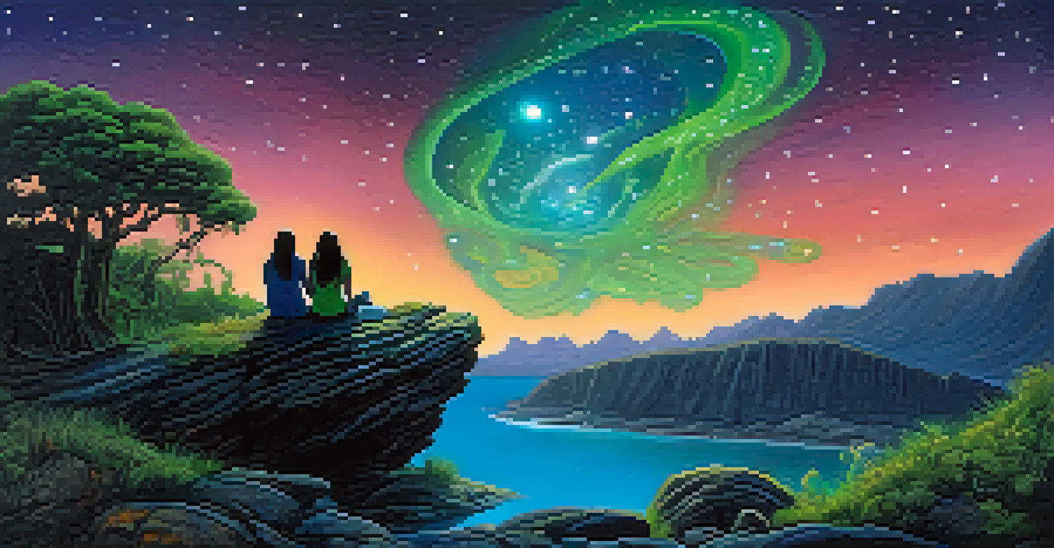 A diverse couple sharing a moment in an alien landscape filled with glowing plants under a starry sky.