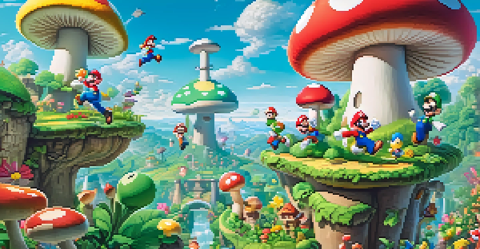 A lively Mushroom Kingdom with Mario and Luigi jumping amidst colorful pipes and flowers under a sunny sky.