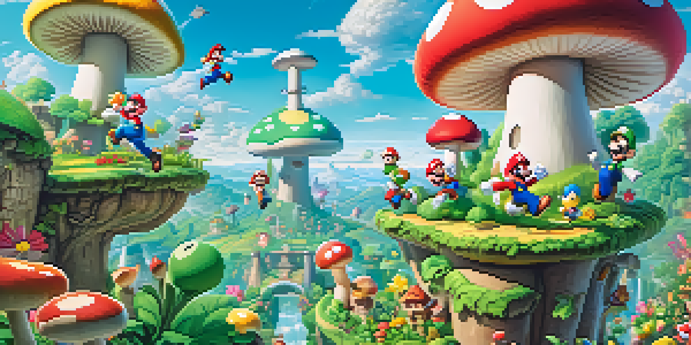 A lively Mushroom Kingdom with Mario and Luigi jumping amidst colorful pipes and flowers under a sunny sky.