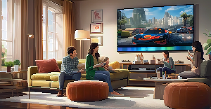 A family of four in a cozy living room watching an interactive movie on a large screen, with warm lighting and modern decor.
