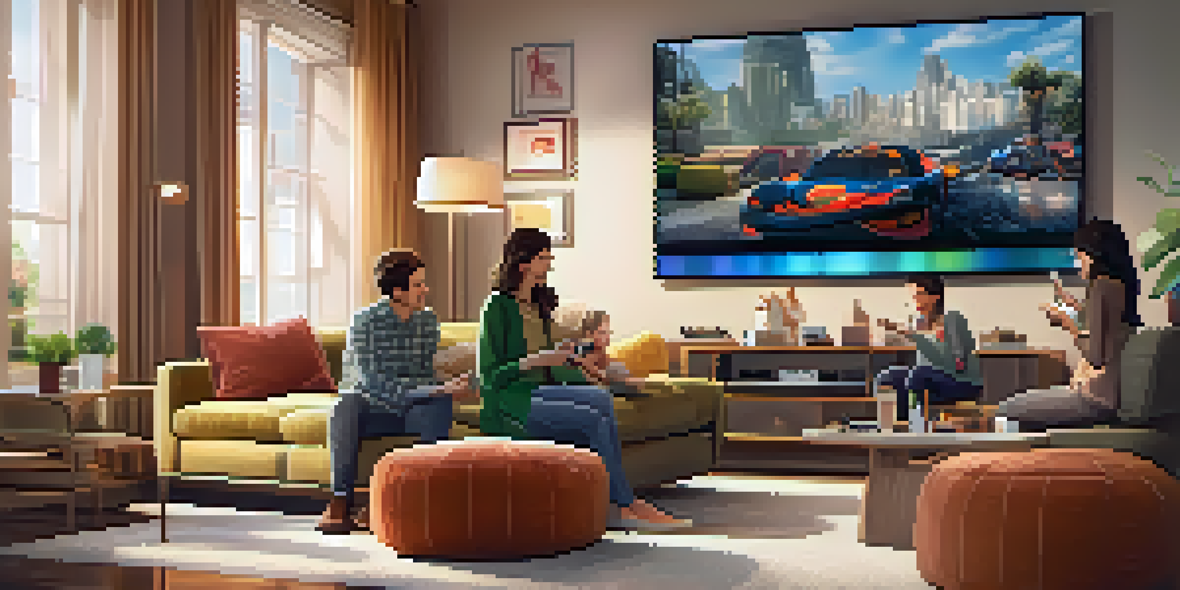 A family of four in a cozy living room watching an interactive movie on a large screen, with warm lighting and modern decor.