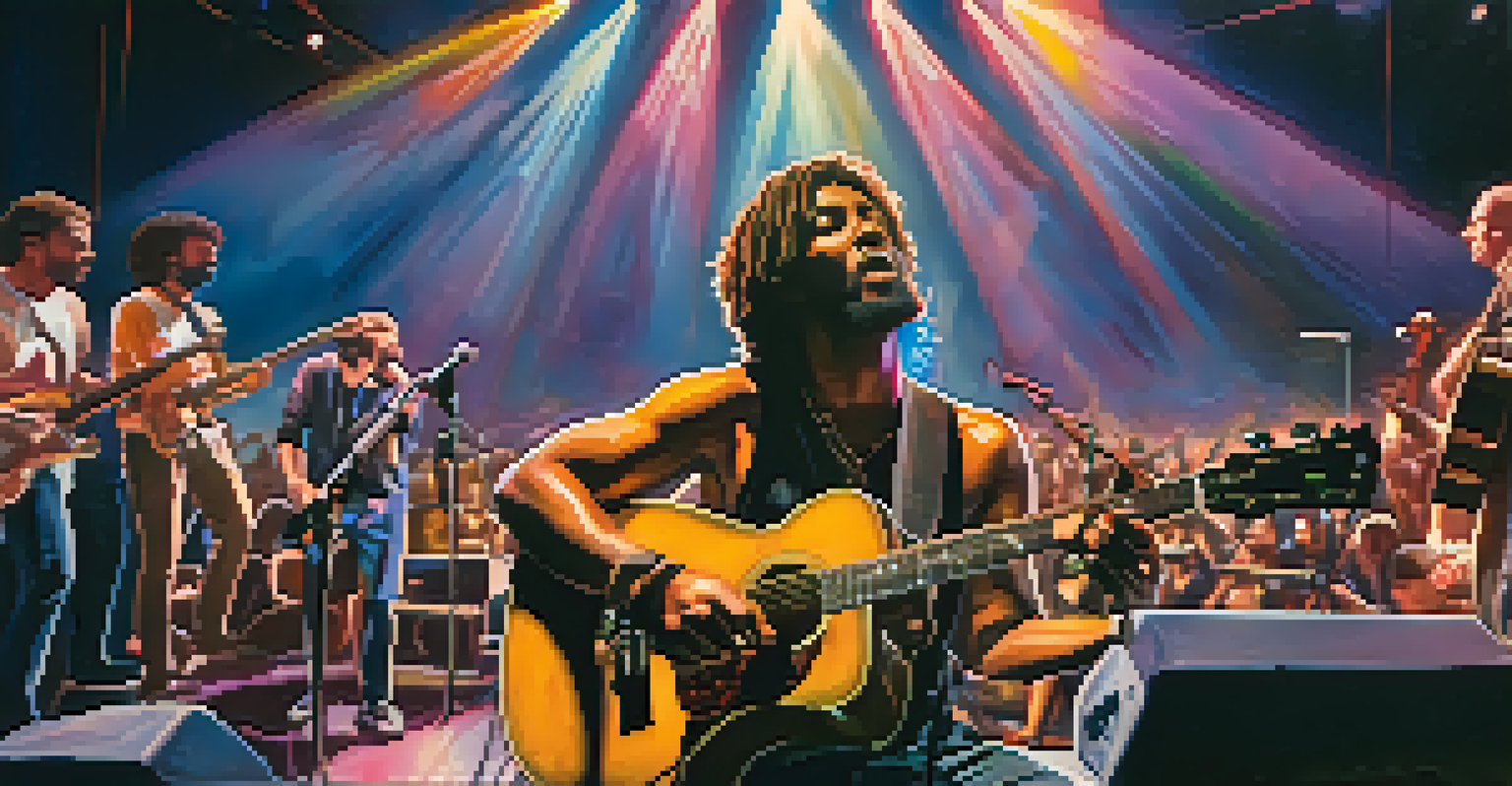 A close-up of an emotional musician performing on stage with colorful lights, while an engaged audience is visible in the blurred background.