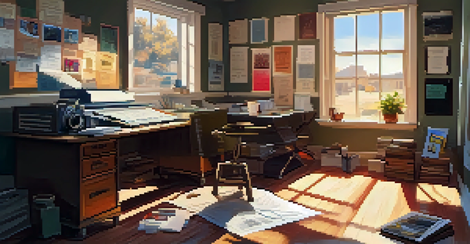 A cozy filmmaker's workspace with a storyboard, a vintage film camera, and scattered notes under warm light.
