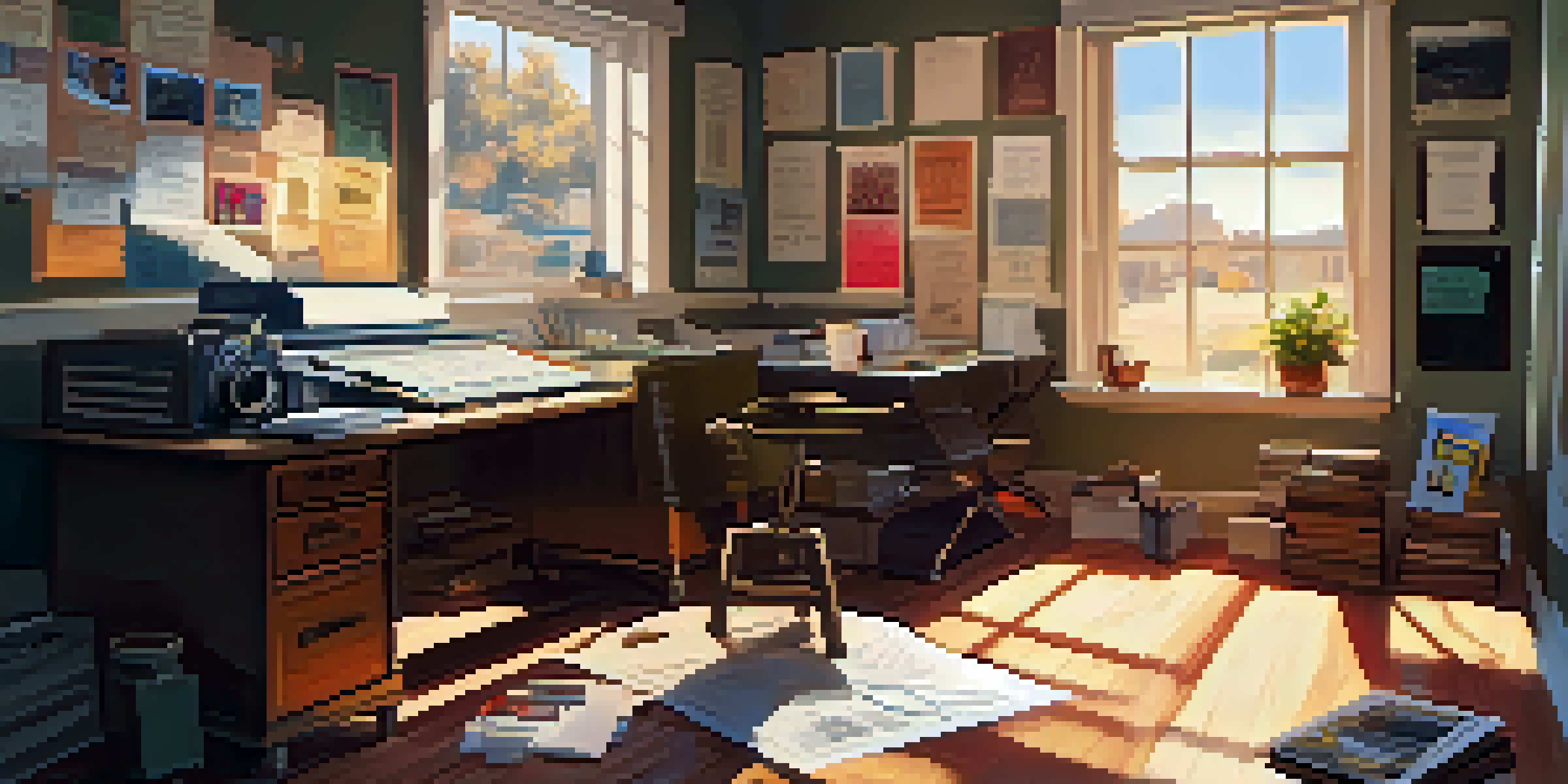 A cozy filmmaker's workspace with a storyboard, a vintage film camera, and scattered notes under warm light.