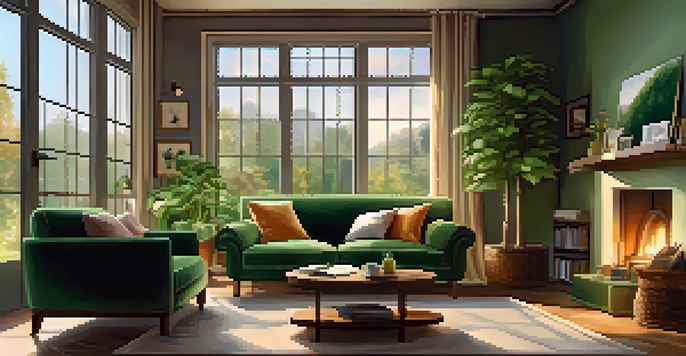 A warm and inviting living room filled with sunlight, featuring a comfortable sofa, coffee table with books, and a green plant in the corner.