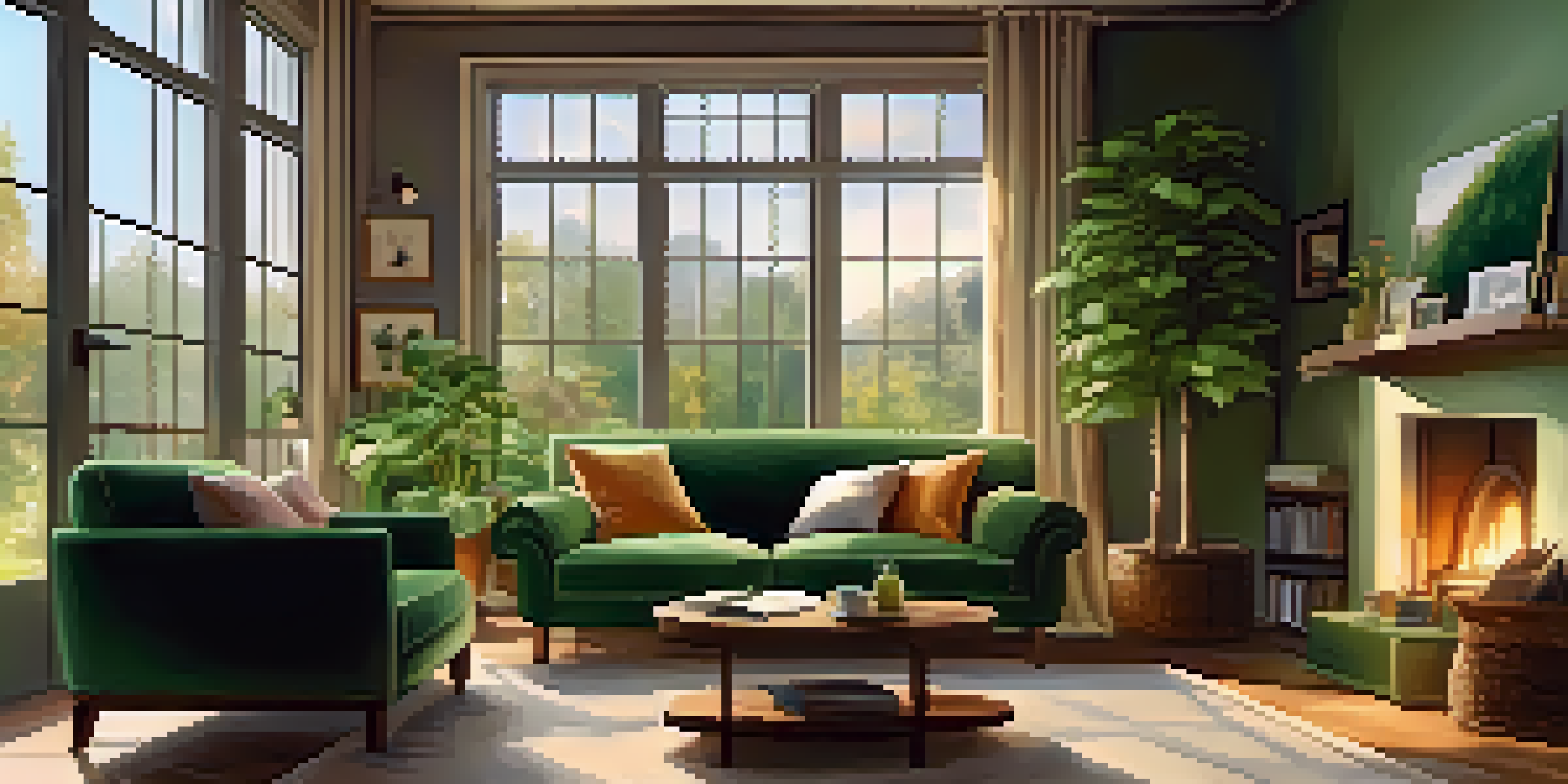 A warm and inviting living room filled with sunlight, featuring a comfortable sofa, coffee table with books, and a green plant in the corner.