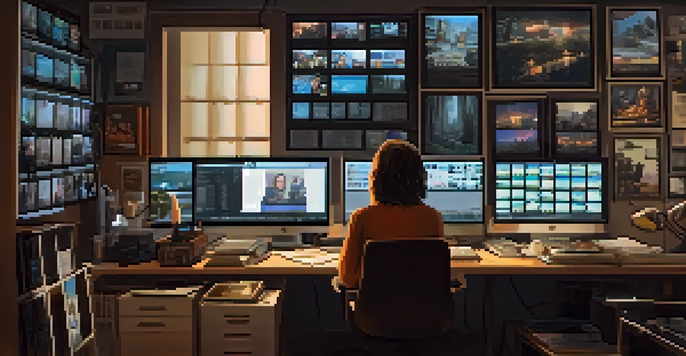 A focused film editor in a cozy dimly lit editing suite, working on multiple screens with film clips, surrounded by coffee and film reels.
