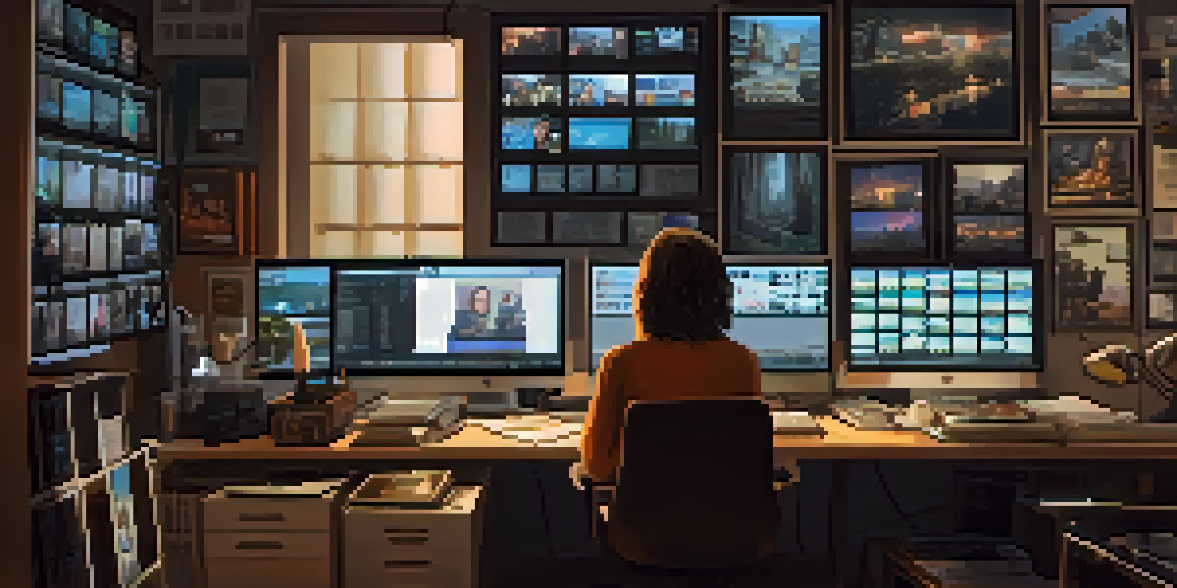 A focused film editor in a cozy dimly lit editing suite, working on multiple screens with film clips, surrounded by coffee and film reels.