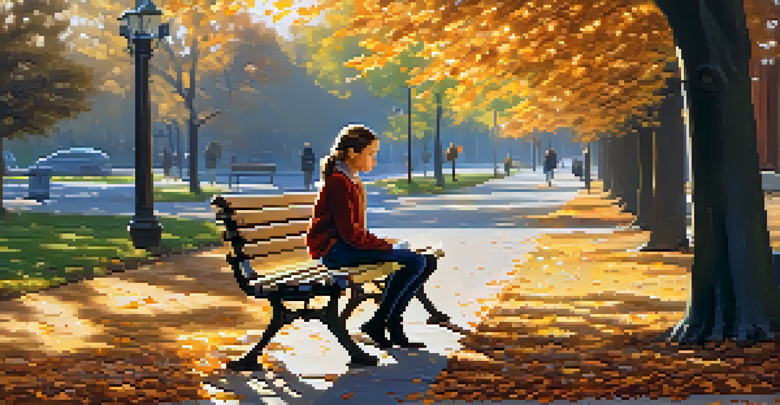 A young actress sits on a park bench practicing lines, surrounded by colorful autumn leaves and dappled sunlight filtering through trees.