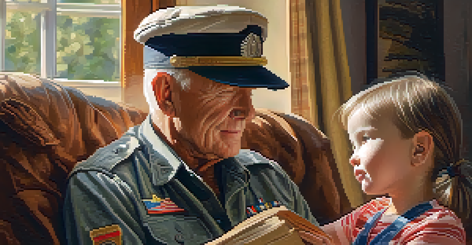 A veteran shares stories with a child in a cozy living room, surrounded by family photos.
