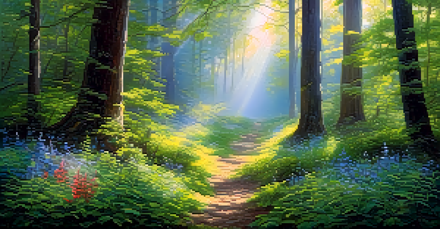 A forest illuminated by morning light, filled with tall trees and colorful wildflowers.