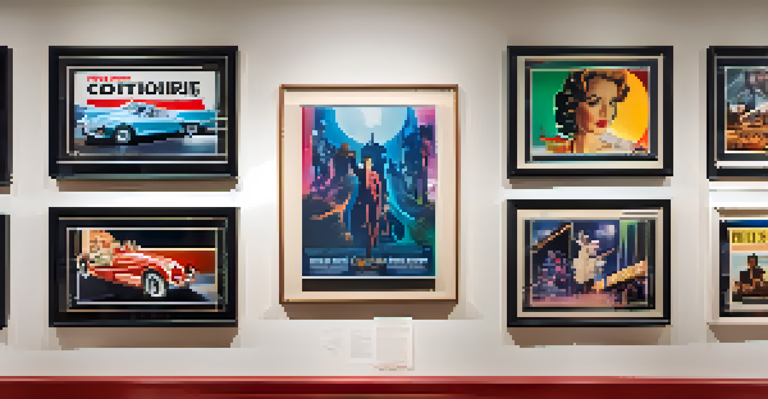 A gallery wall displaying vibrant classic film posters beautifully illuminated by spotlights.