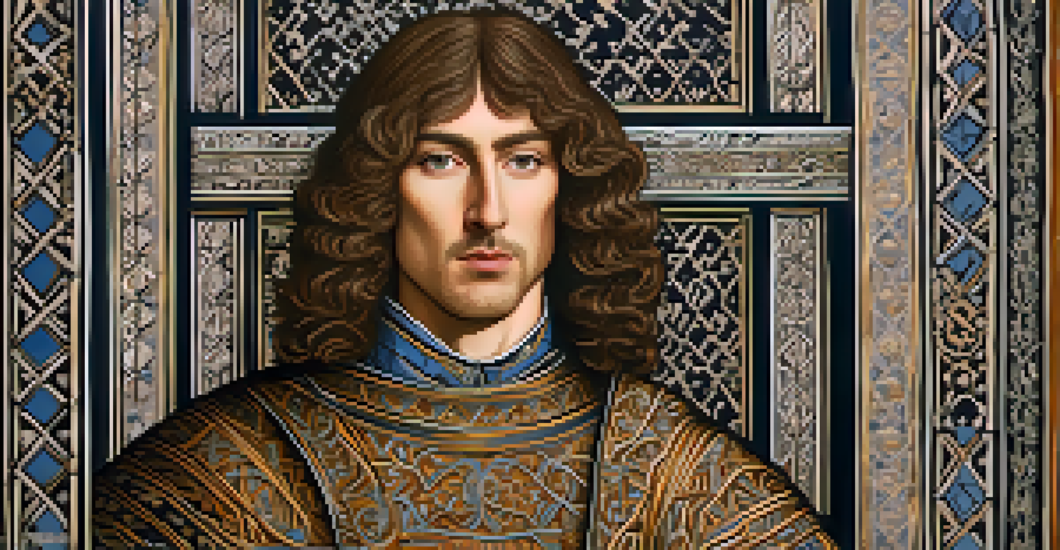 A close-up portrait of a solemn Scottish nobleman in a richly detailed tunic, with a medieval castle in the background.