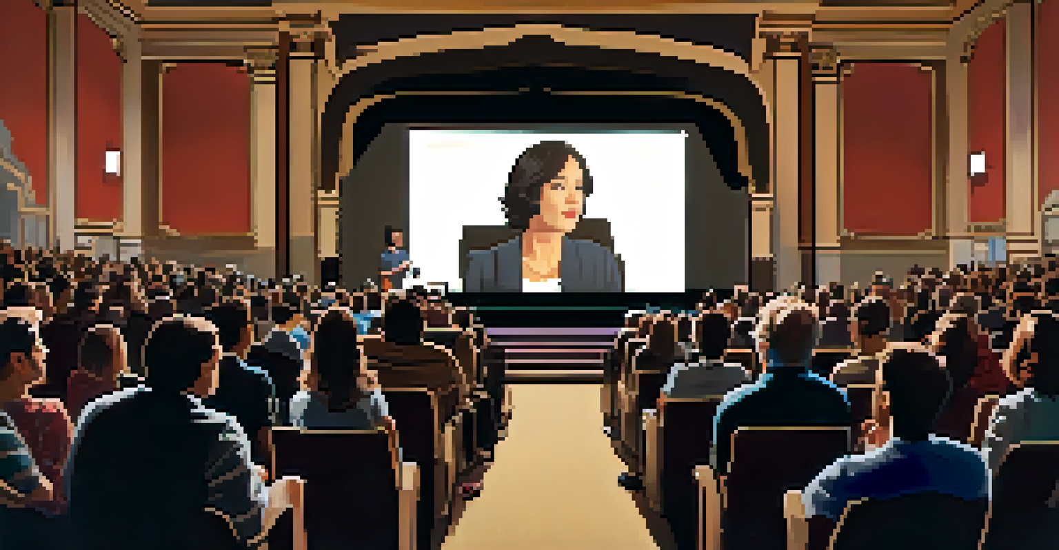 A filmmaker speaking on stage at a film festival during a Q&A session, with an engaged audience.