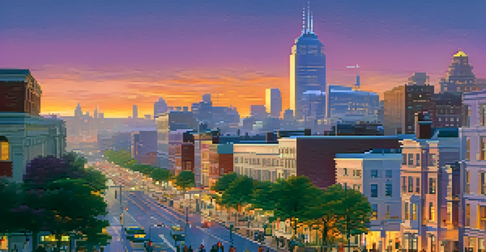 A colorful city skyline at dusk with diverse people talking on the street, blending old and new architecture.