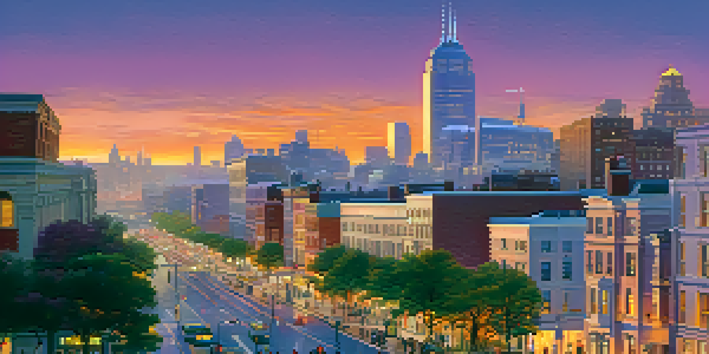 A colorful city skyline at dusk with diverse people talking on the street, blending old and new architecture.