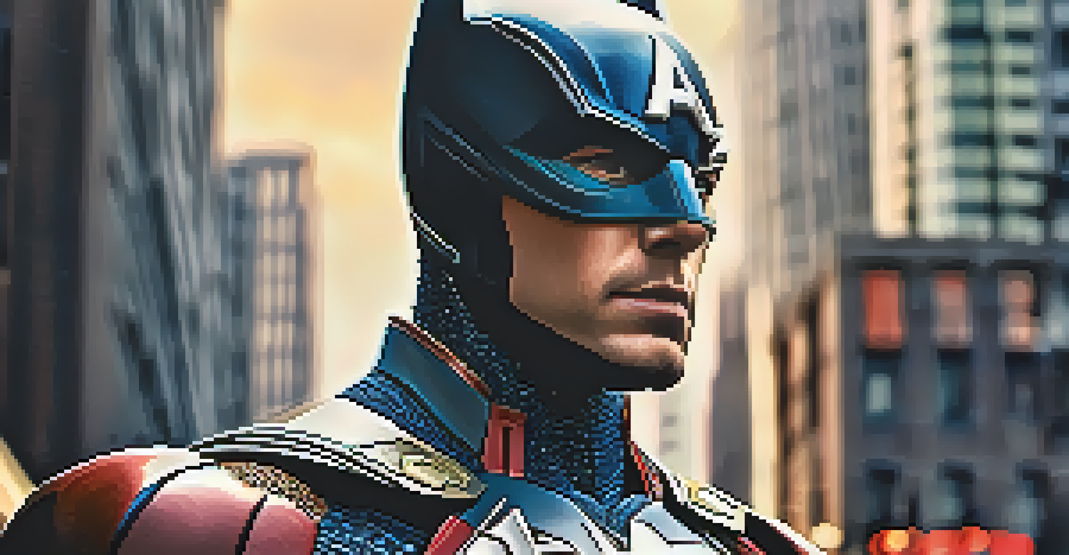 A close-up portrait of a superhero character with detailed costume and expressive features, set against a blurred urban background.