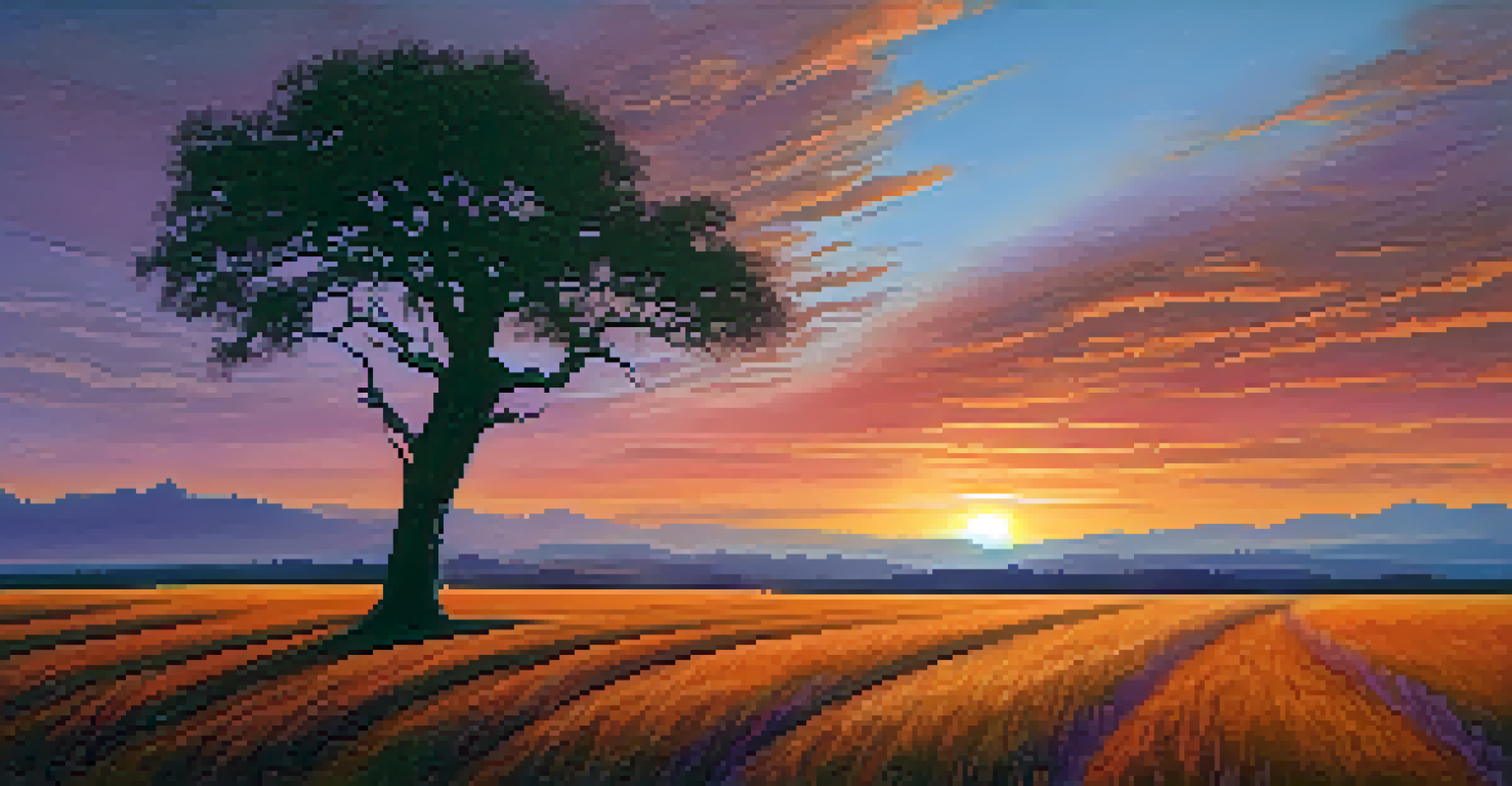 A single tree in an empty field at sunset, highlighting themes of solitude and resilience with vibrant colors.