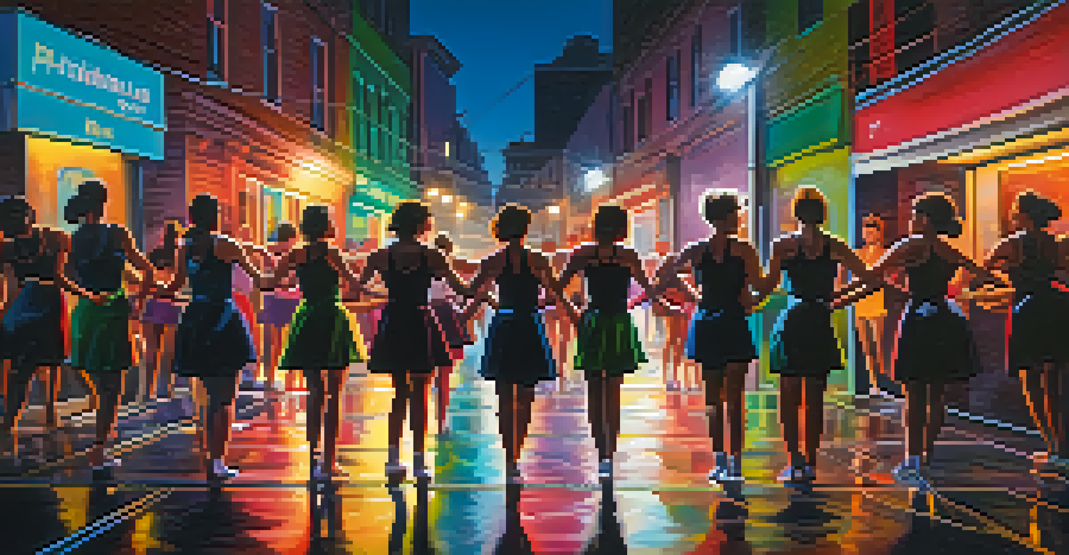 Dancers performing an intense choreography in a dimly lit urban alley, with vibrant colors and neon lights reflecting off the wet pavement.