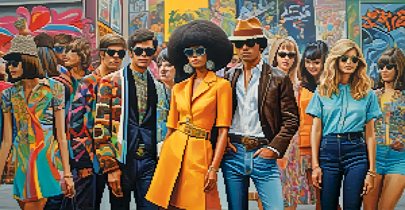 A group of young people dressed in eclectic 1960s fashion, surrounded by colorful urban art and a lively atmosphere.