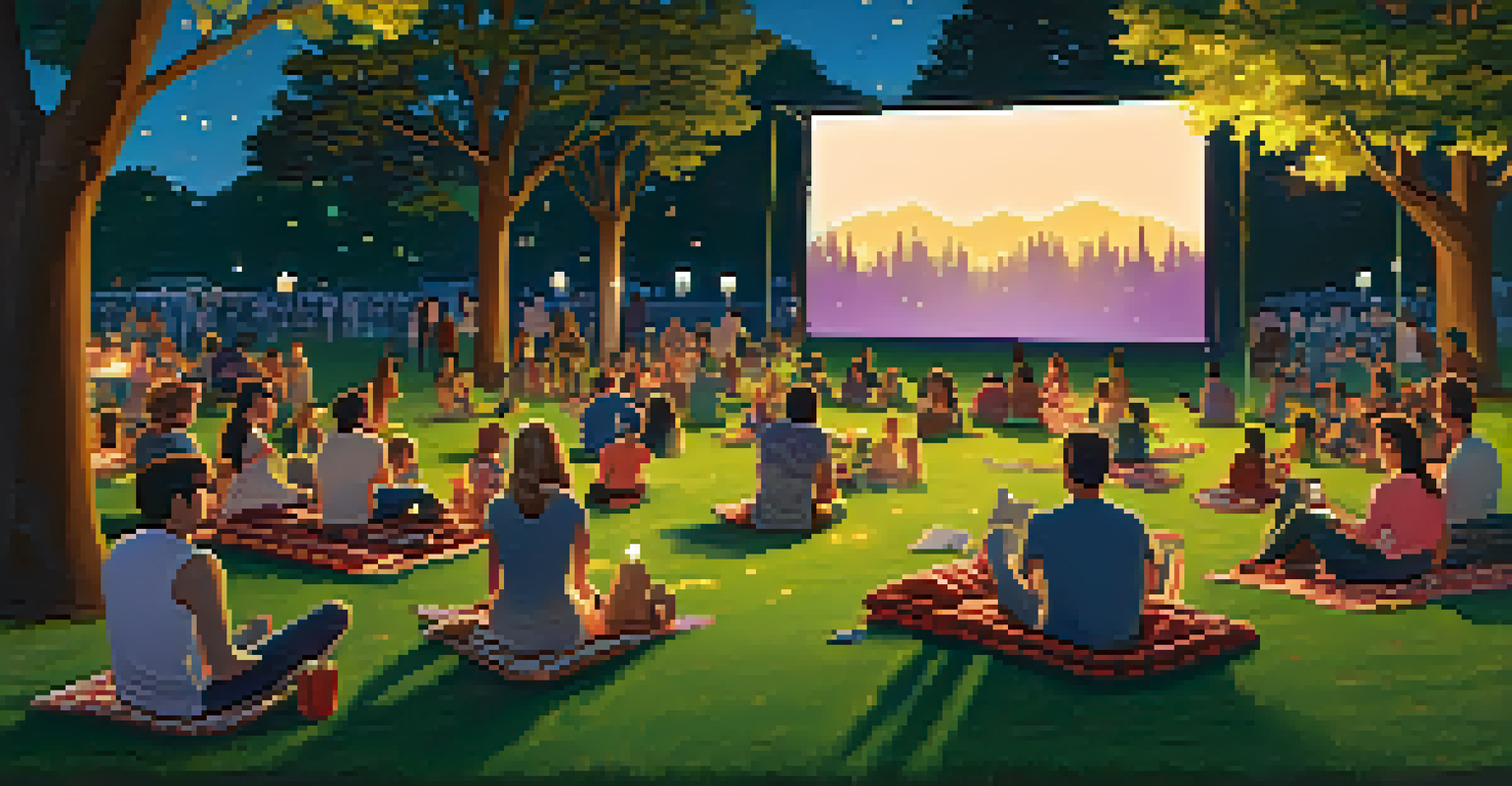 An outdoor film screening in a park at dusk with families enjoying the movie on picnic blankets.