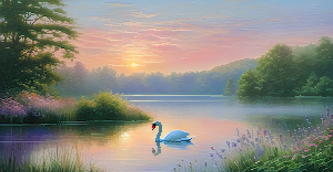 A peaceful sunrise over a calm lake with mist, surrounded by greenery and wildflowers, featuring a swan on the water.