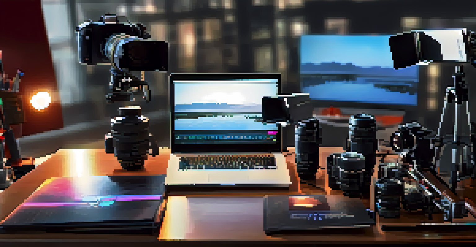 A modern digital camera and laptop on a glass table, surrounded by filmmaking tools under bright LED lights.