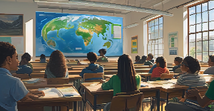 A classroom filled with diverse students watching a documentary on climate change, with sunlight streaming in through windows.