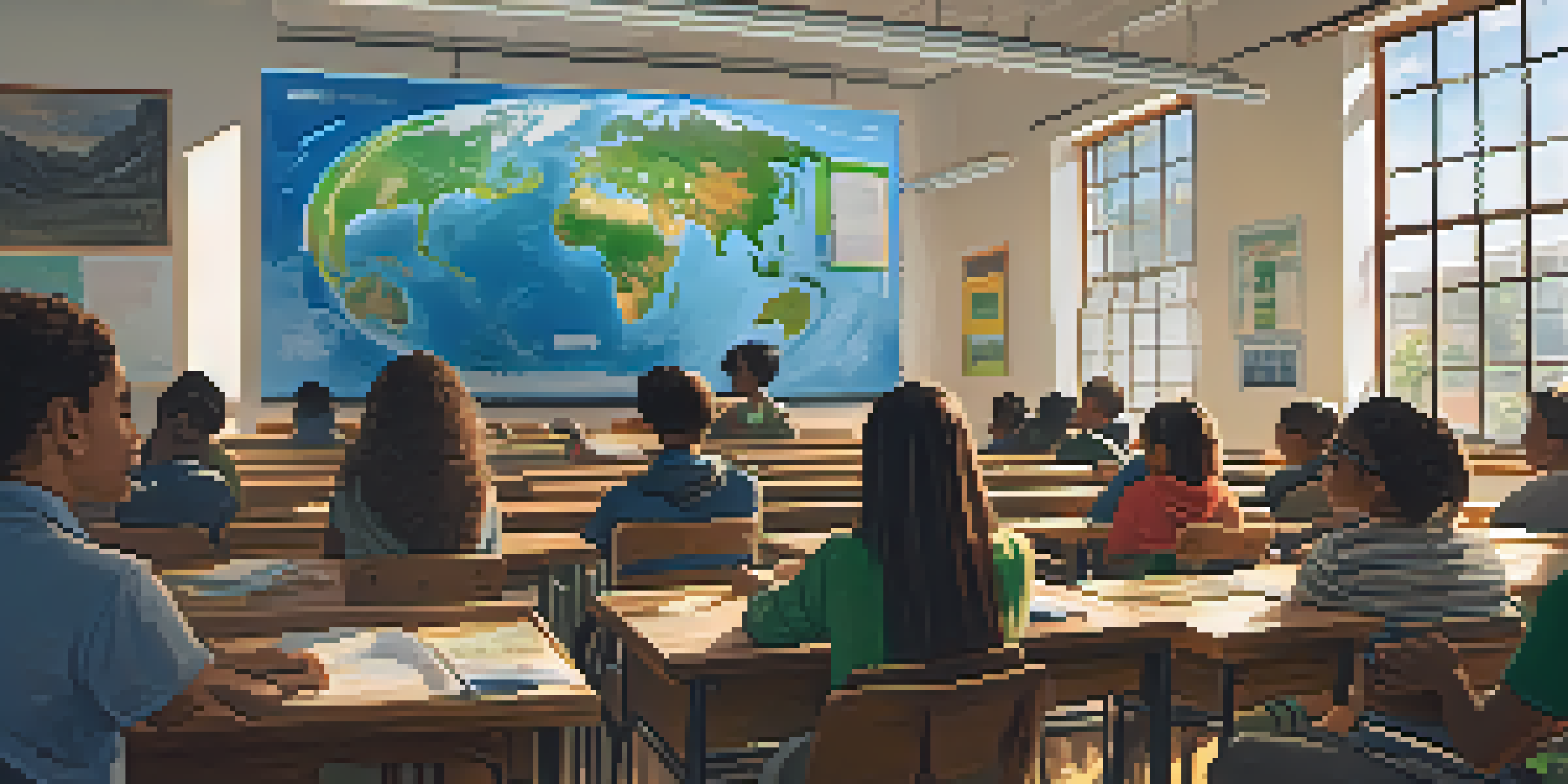 A classroom filled with diverse students watching a documentary on climate change, with sunlight streaming in through windows.