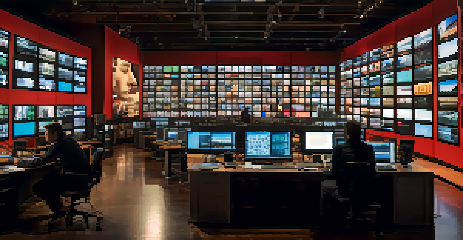 A filmmaker in an editing room surrounded by screens and archival footage, highlighting the documentary creation process.
