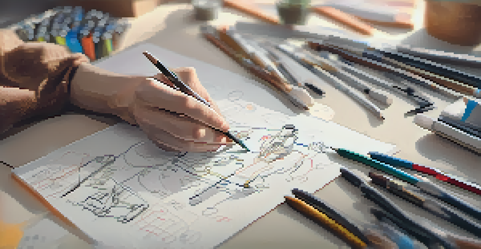 A close-up of a hand sketching storyboards on a notepad with art supplies around.