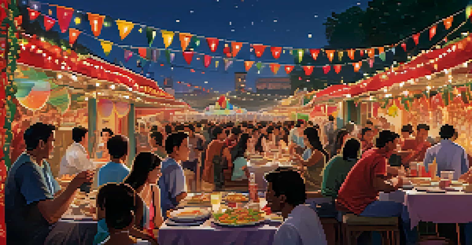 An outdoor film festival scene with a diverse audience enjoying a film on a large screen, illuminated by fairy lights and food stalls.