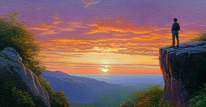 A young person standing on a cliff, looking over a valley at sunset with vibrant sky colors.