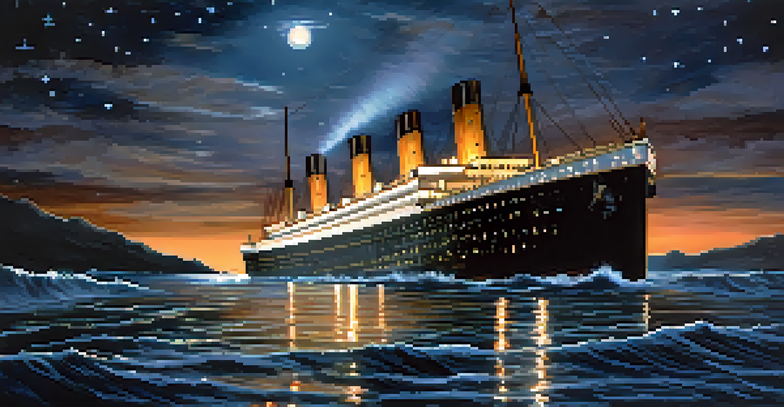 The Titanic illuminated at night, sailing through a starry sky with moonlight reflecting on the ocean, showcasing its majestic silhouette.