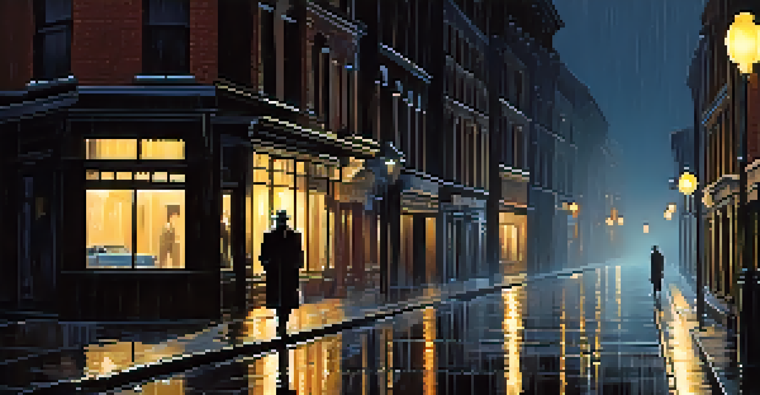 A dark and moody film noir scene featuring a figure in a trench coat in a rainy city alley illuminated by a streetlamp.
