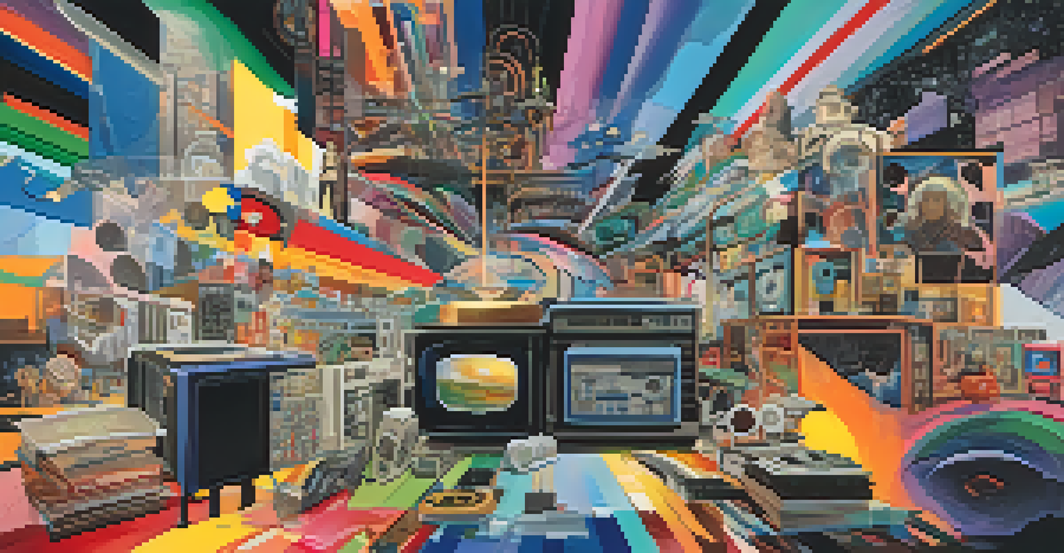 An abstract collage representing genre blending in film, with colorful elements and silhouettes from different genres.