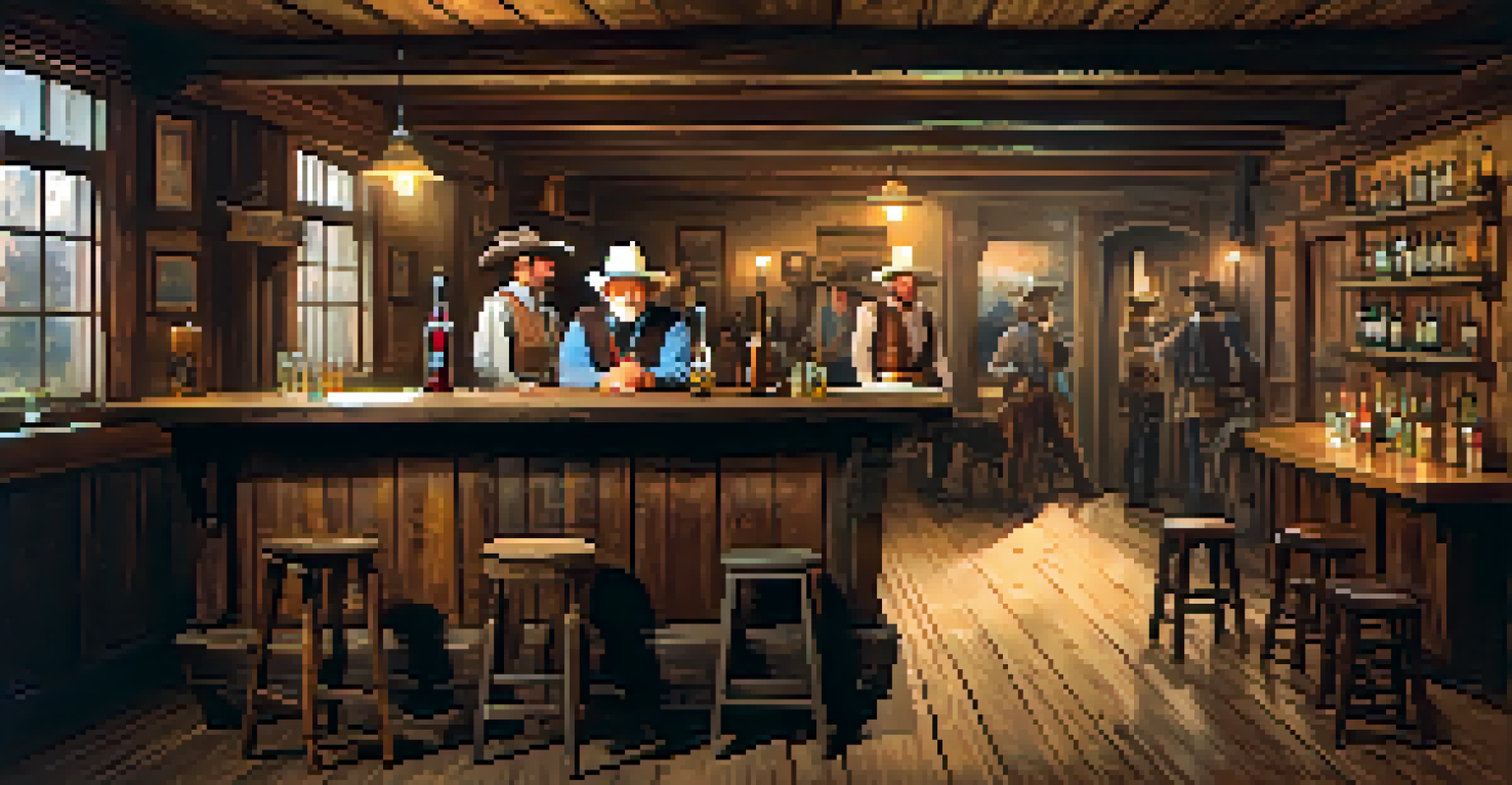 A rustic saloon filled with cowboys sharing stories, illuminated by warm lighting.