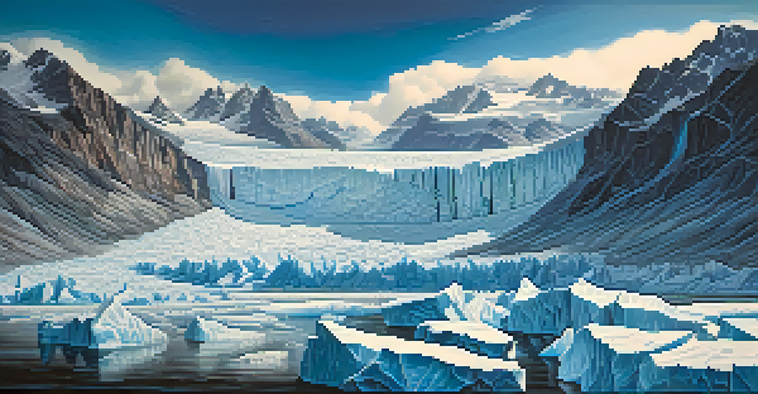 A detailed view of a melting glacier with icebergs in a blue sea and mountains in the background, illustrating climate change.