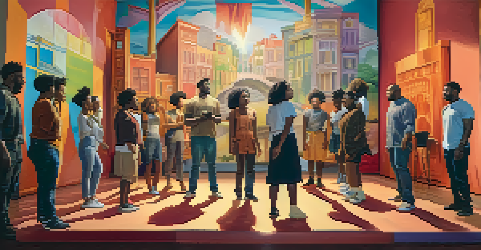 A film set with a diverse group of actors rehearsing a scene about empowerment, in front of a vibrant mural symbolizing unity.