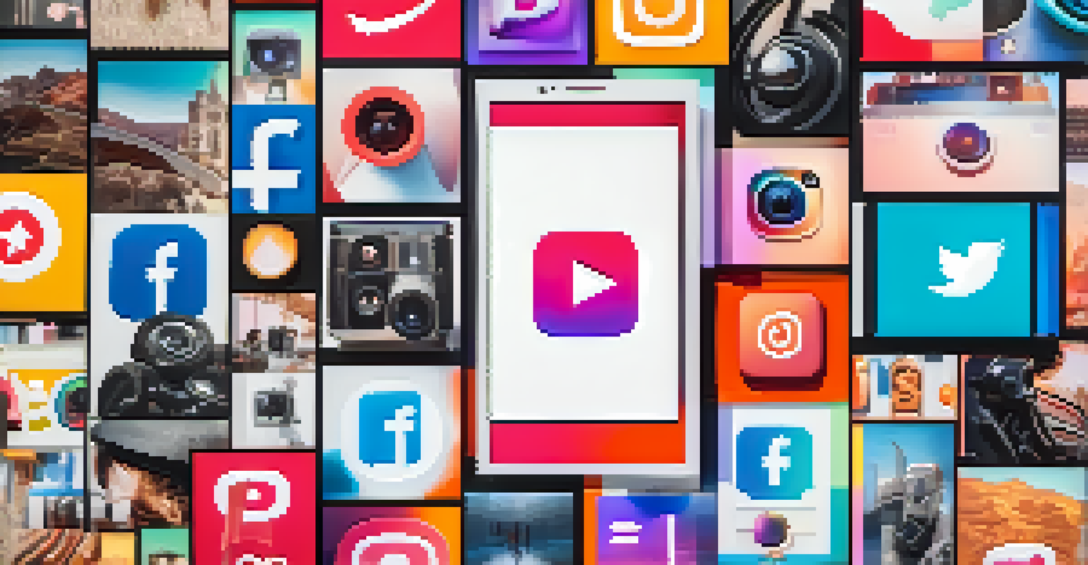A colorful collage of social media icons representing influencer marketing in the film industry, with a film reel pattern in the background.