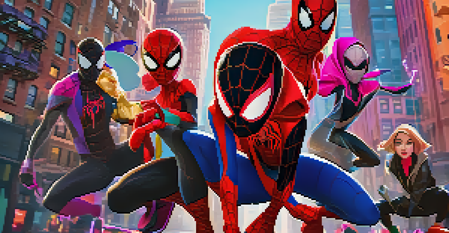 A colorful scene of animated characters from the Spider-Verse, set in a vibrant city with multi-dimensional elements.