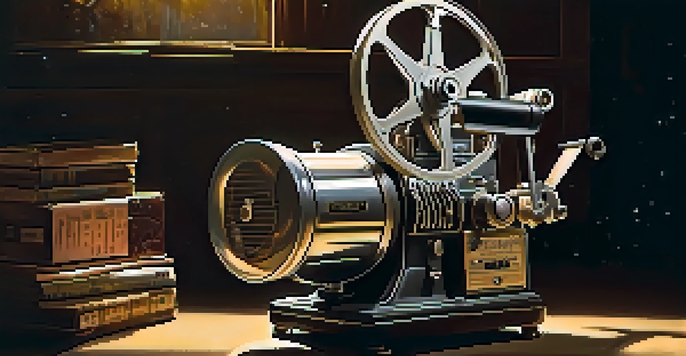 A vintage film projector casting light onto a wall, surrounded by film reels and memorabilia in a darkened room.