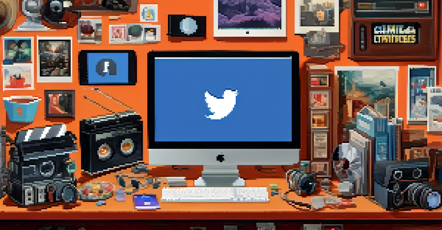 A film critic's desk surrounded by social media icons, film reels, and books, showcasing the blend of traditional and digital film criticism.