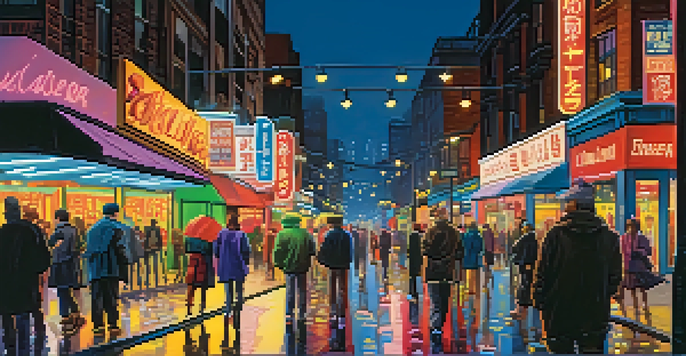A lively city street at night with neon lights and people walking, creating a vibrant atmosphere.