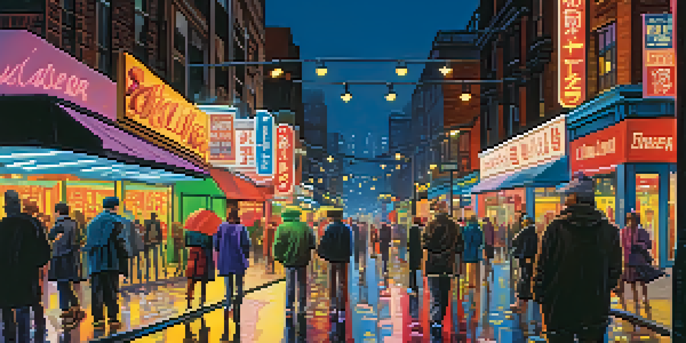 A lively city street at night with neon lights and people walking, creating a vibrant atmosphere.