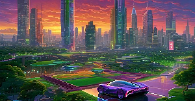 A futuristic city with neon lights and flying cars during sunset.